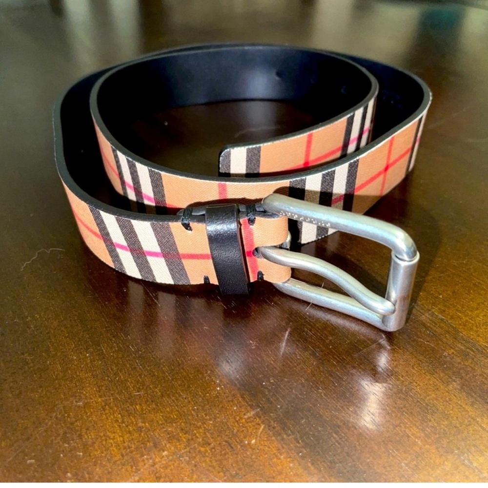Authentic Burberry Men's Checkered Belt in Tan and Black